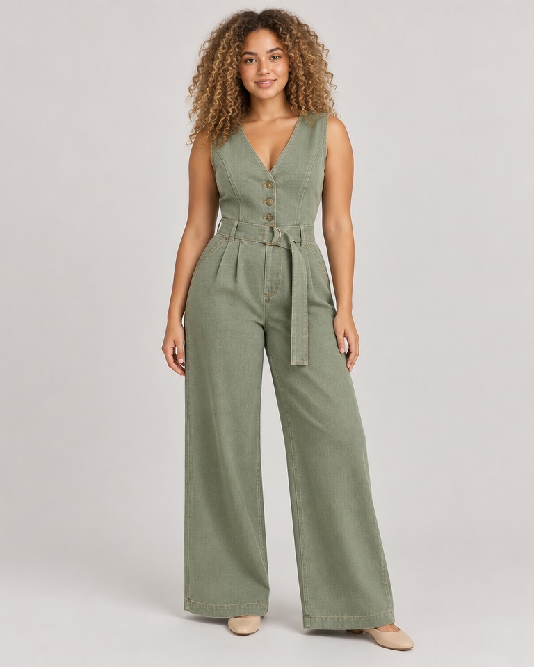 Wide-leg denim jumpsuit · sage