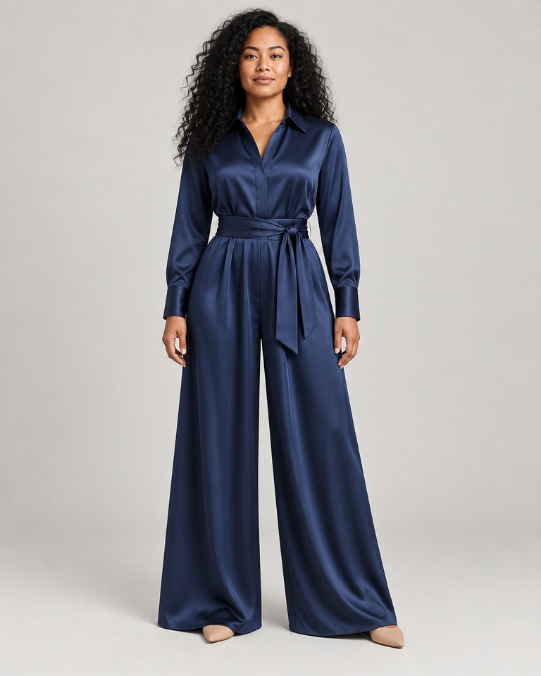 Satin wide-leg jumpsuit with collar · navy