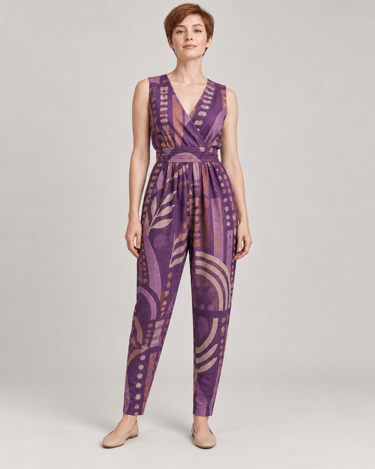 Sleeveless V-neck jumpsuit, abstract print · purple
