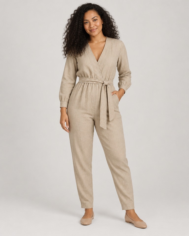 Tapered linen jumpsuit with V-neck · beige