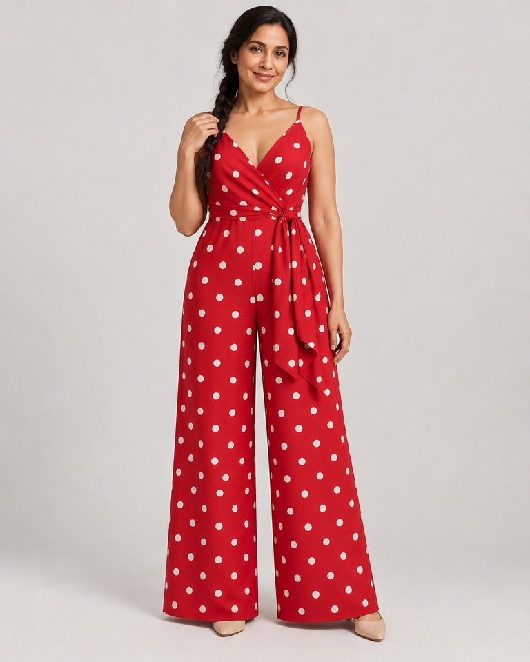 Polka-dot wrap jumpsuit with wide legs · red