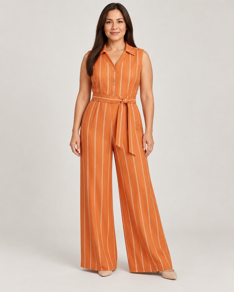 Striped wide-leg jumpsuit with collar · orange
