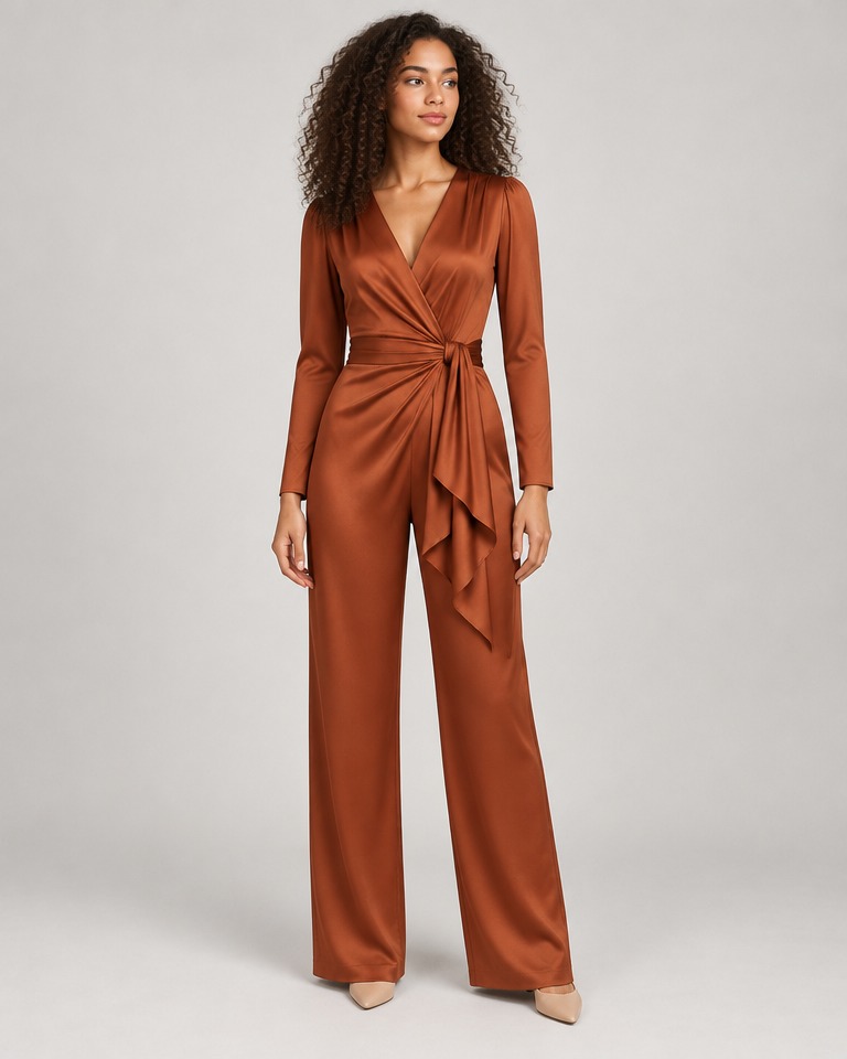 Long-sleeved V-neck straight jumpsuit · rust