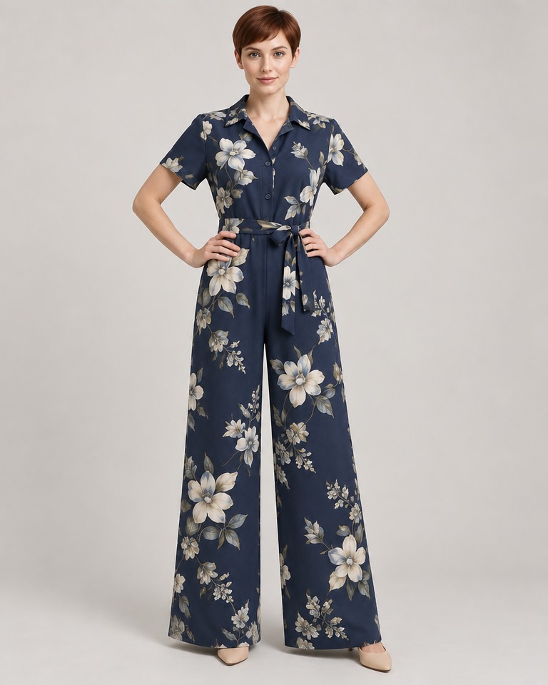 Floral wide-leg crepe jumpsuit · navy
