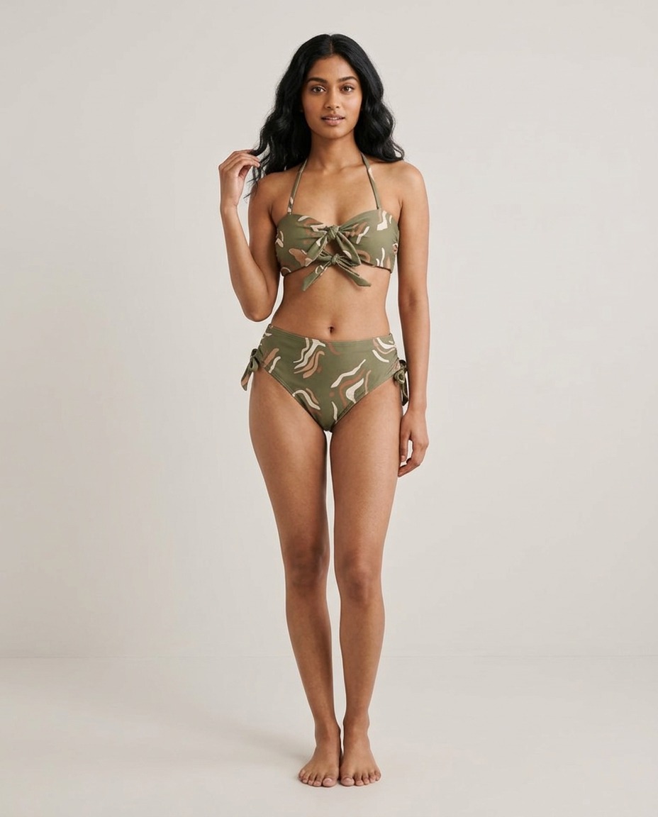 Abstract-print bandeau bikini with ties · olive