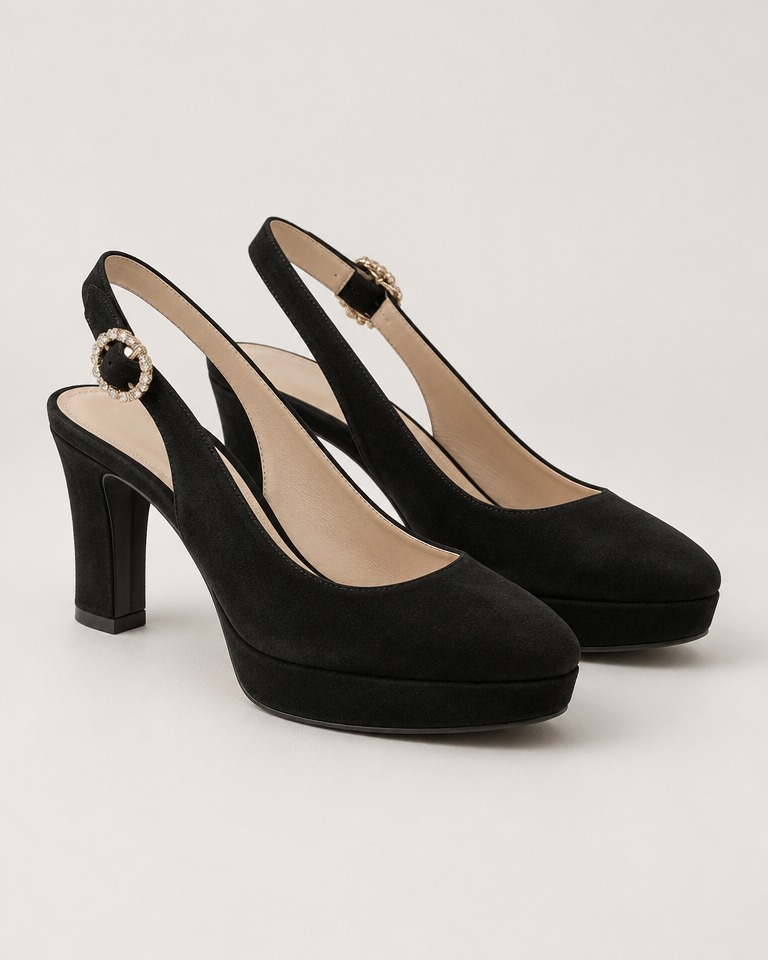 Slingback cipele na platformi od brušene kože · Crne