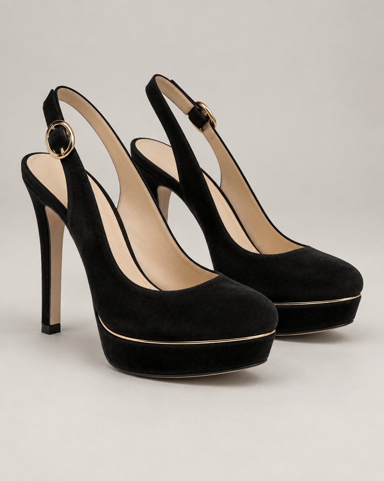 Slingback cipele na platformi od brušene kože · Crne