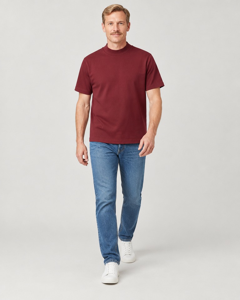 Cotton mock-neck tee · burgundy