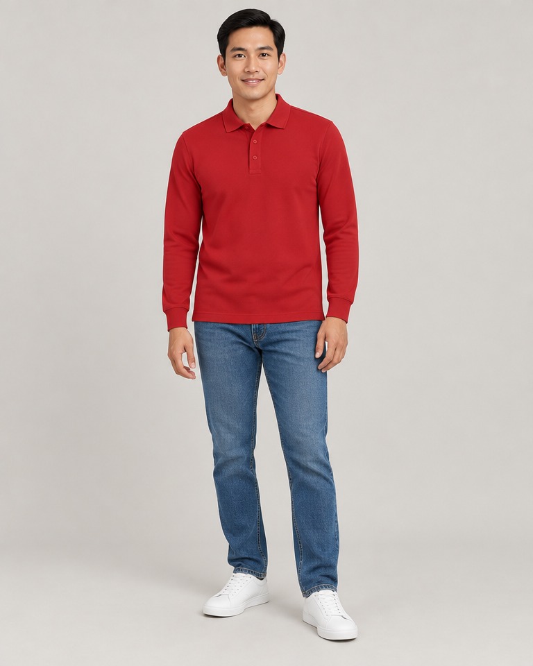 Slim cotton piqué long-sleeved polo · red