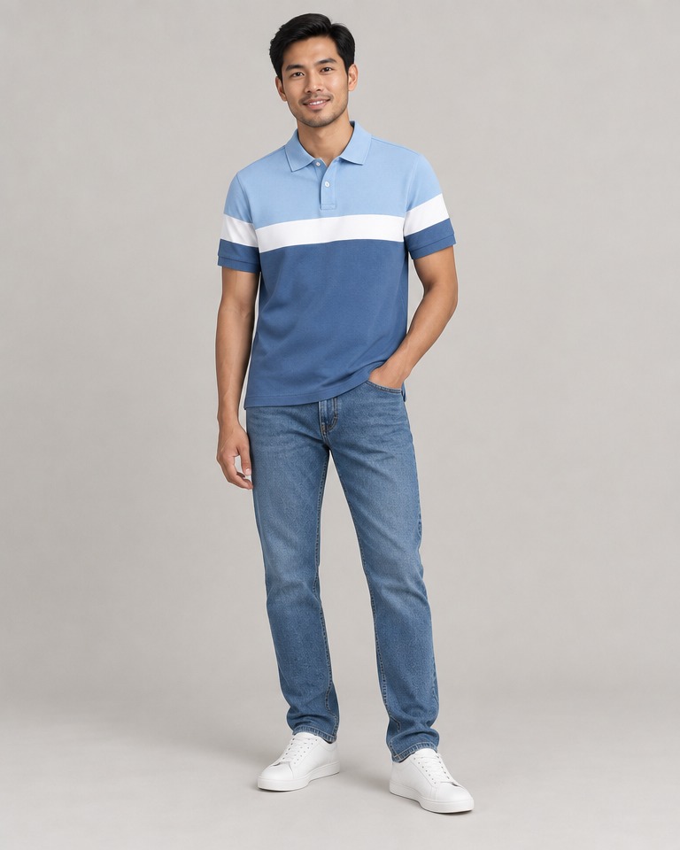 Colour-block piqué polo shirt · light blue