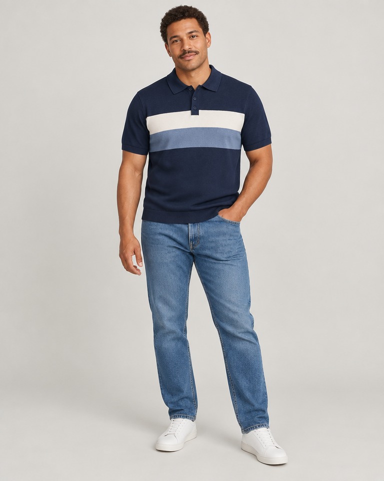 Colour-block knit polo shirt · navy