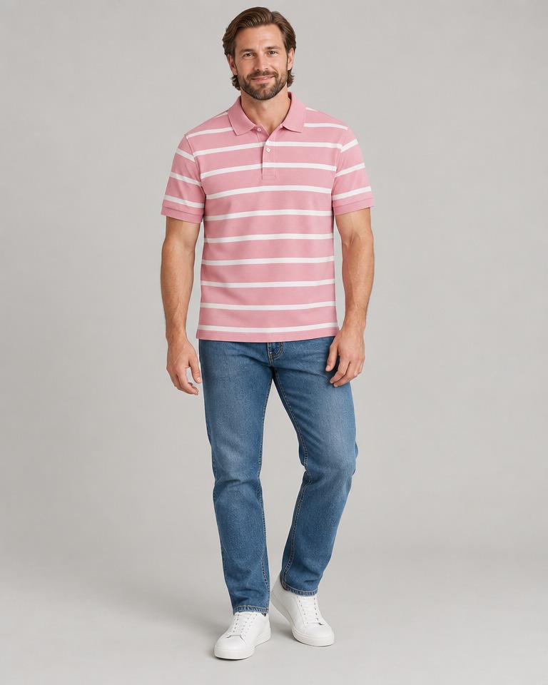 Striped cotton piqué polo shirt · pink