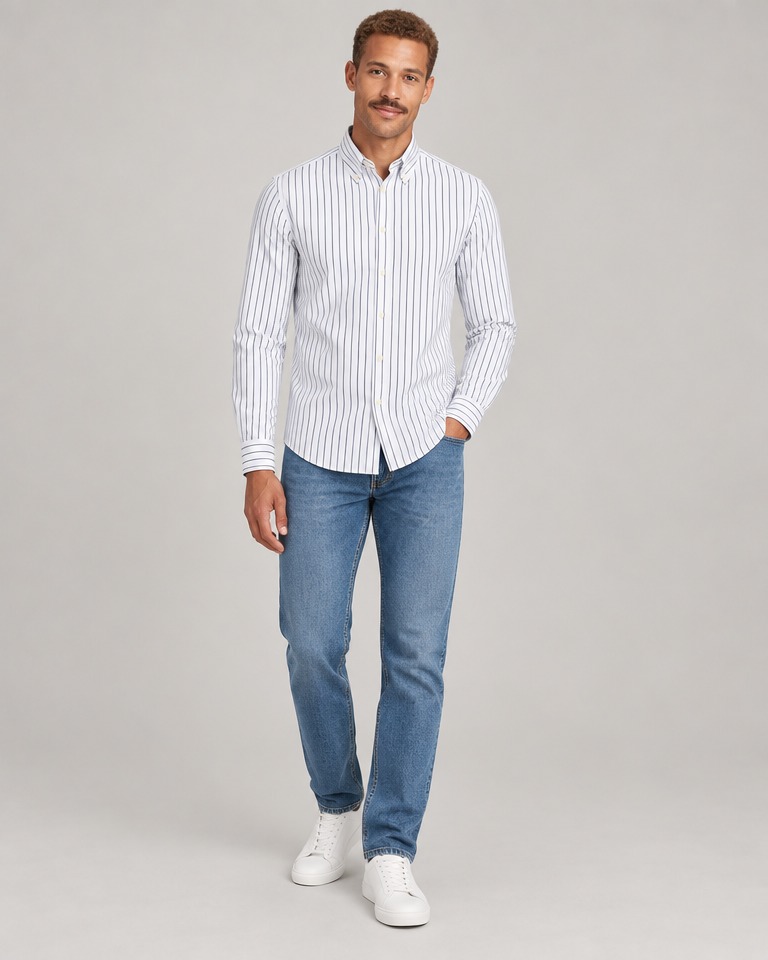 Prugasta košulja od kepera s button-down ovratnikom · Bijela