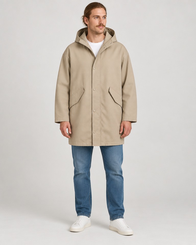 Oversized gabardine parka with hood · beige