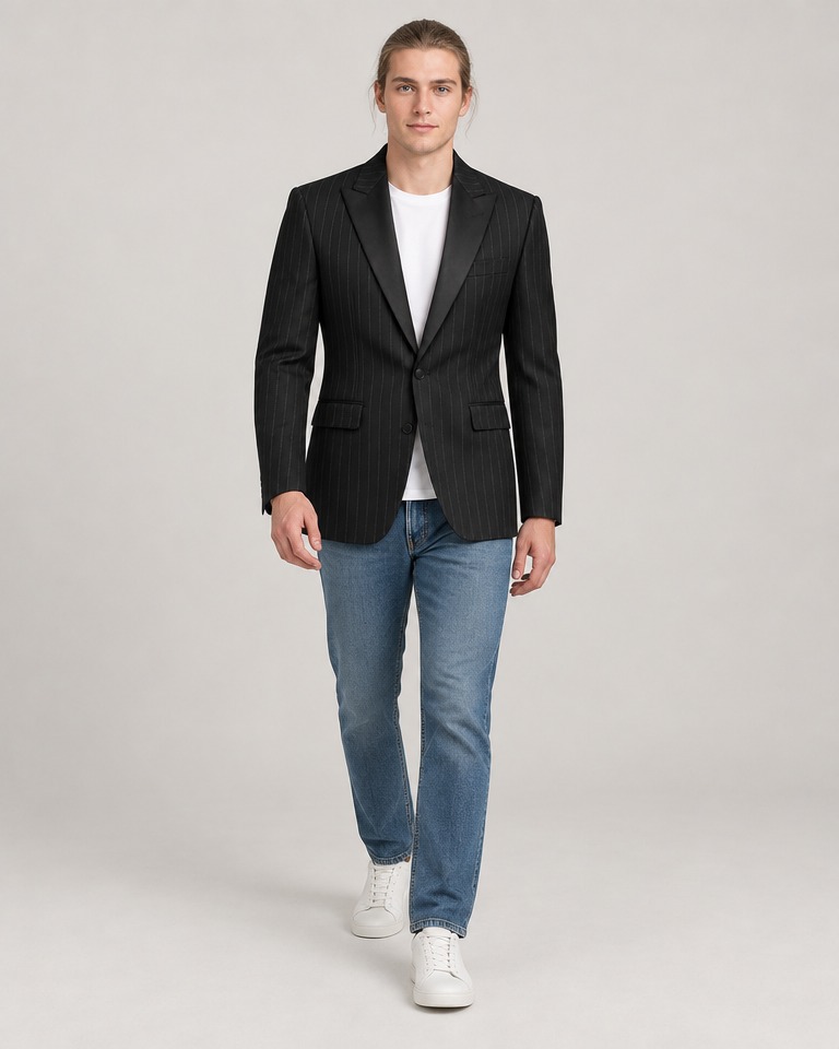 Slim pinstripe wool-blend blazer · black