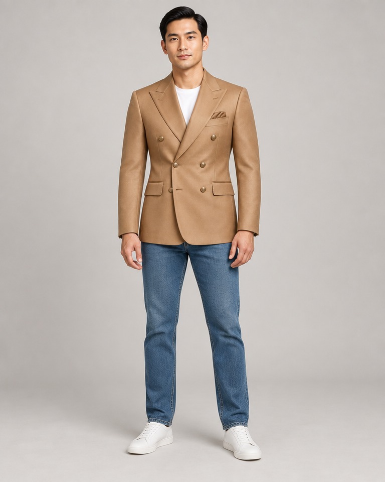 Tailored double-breasted viscose blazer · camel