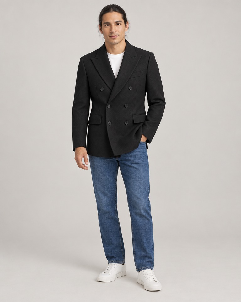 Double-breasted wool-blend blazer · black