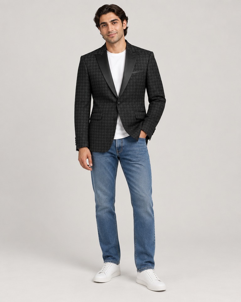 Slim houndstooth linen blazer · black