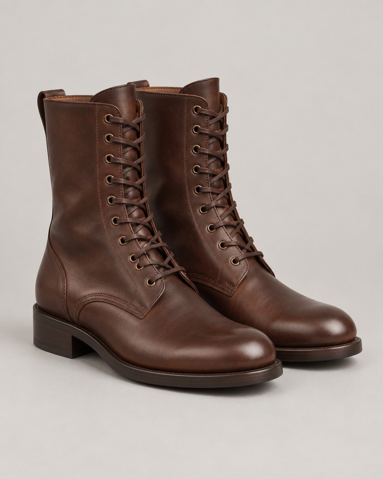 Mid-calf lace-up leather boots · brown