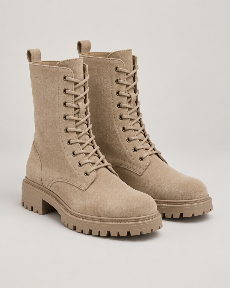 Suede mid-calf boots with lug sole · beige