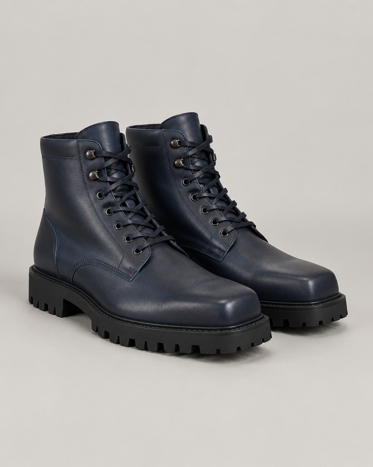 Lace-up leather ankle boots with lug sole · navy