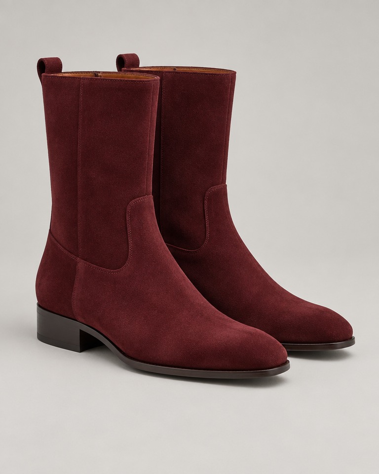 Mid-calf suede block-heel boots · burgundy