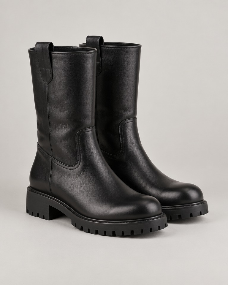 Round-toe leather mid-calf boots · black