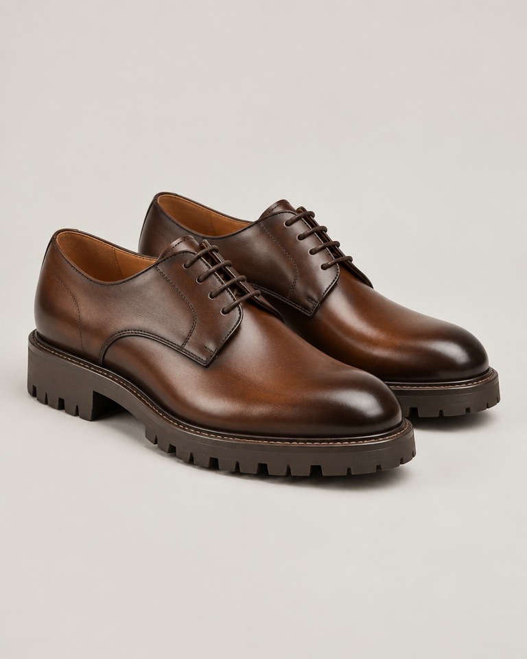 Burnished leather derby shoes with lug sole · brown
