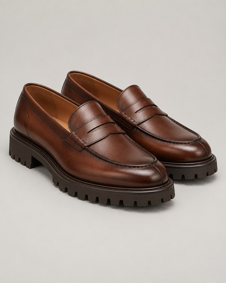 Burnished penny loafers, lug sole · brown