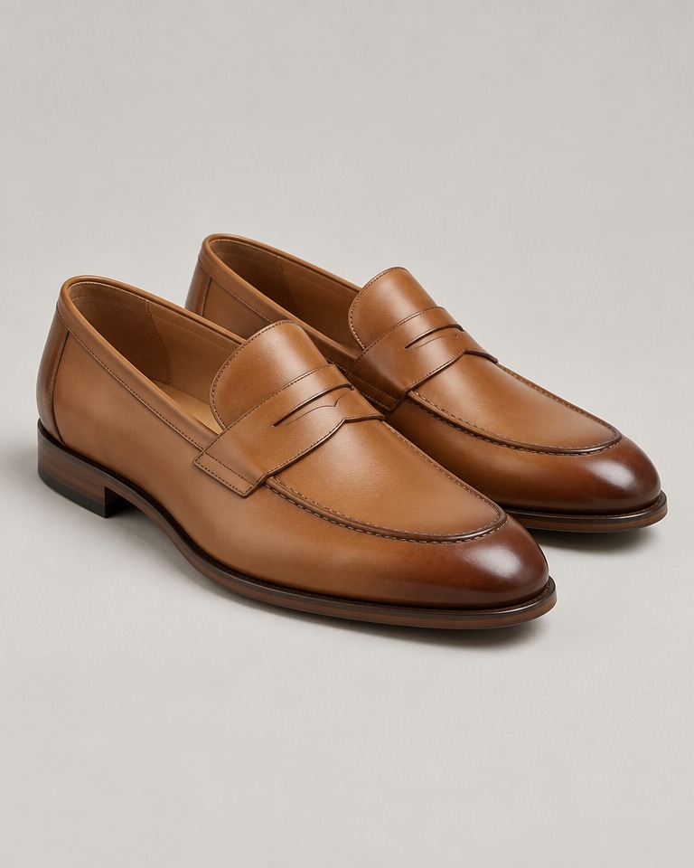 Leather penny loafers, burnished finish · camel